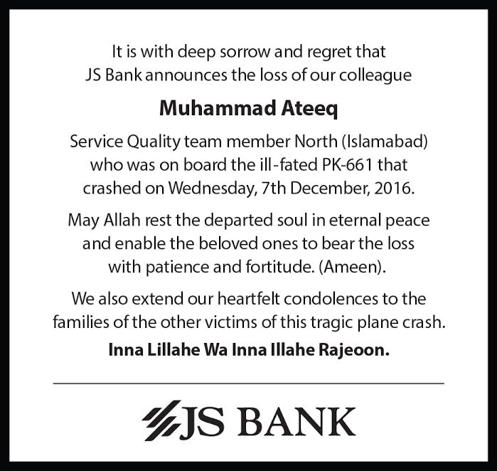 JS Bank announces the loss of our colleague Mohammad Ateeq